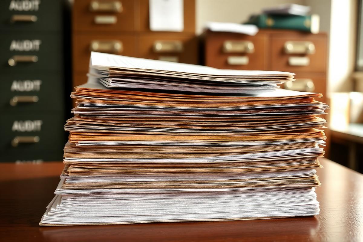 Stack of bound audit reports and ledgers on a desk in a government audit office