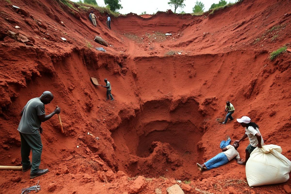 Rescue workers and villagers digging in red soil at a collapsed artisanal gold pit