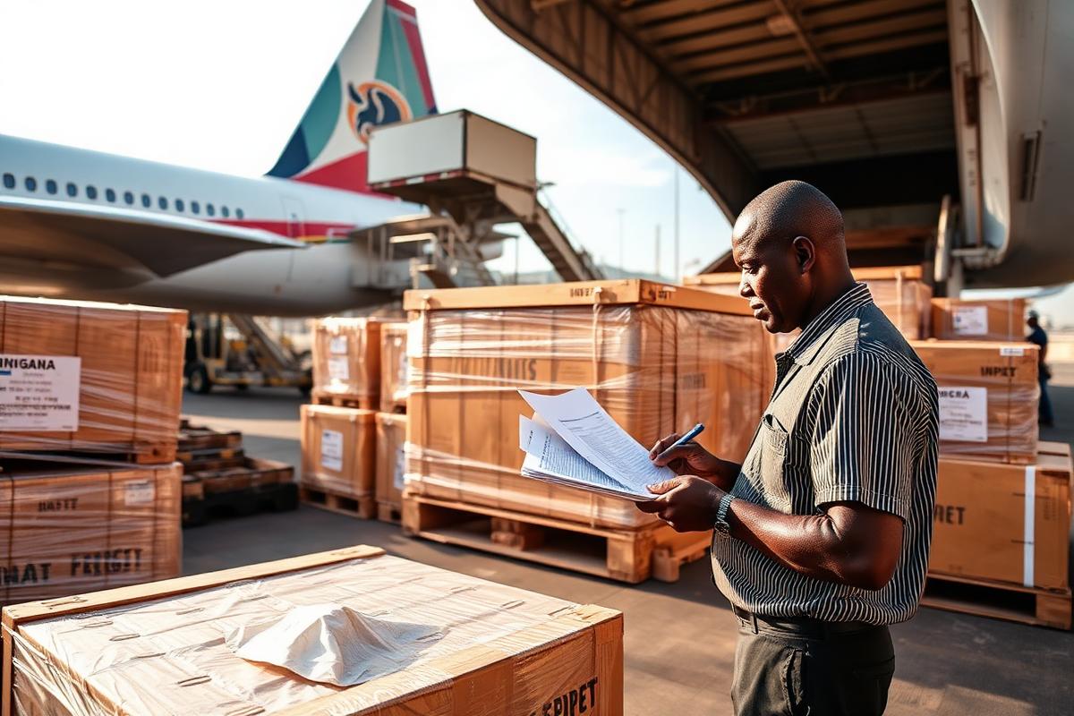 Customs officer checking export manifests beside sealed freight crates at Entebbe