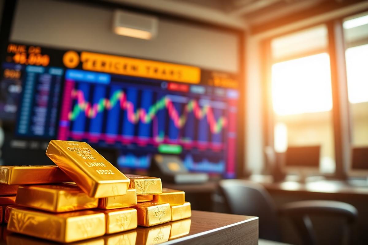 Gold bars stacked on a desk in front of a screen showing price charts in a trading office