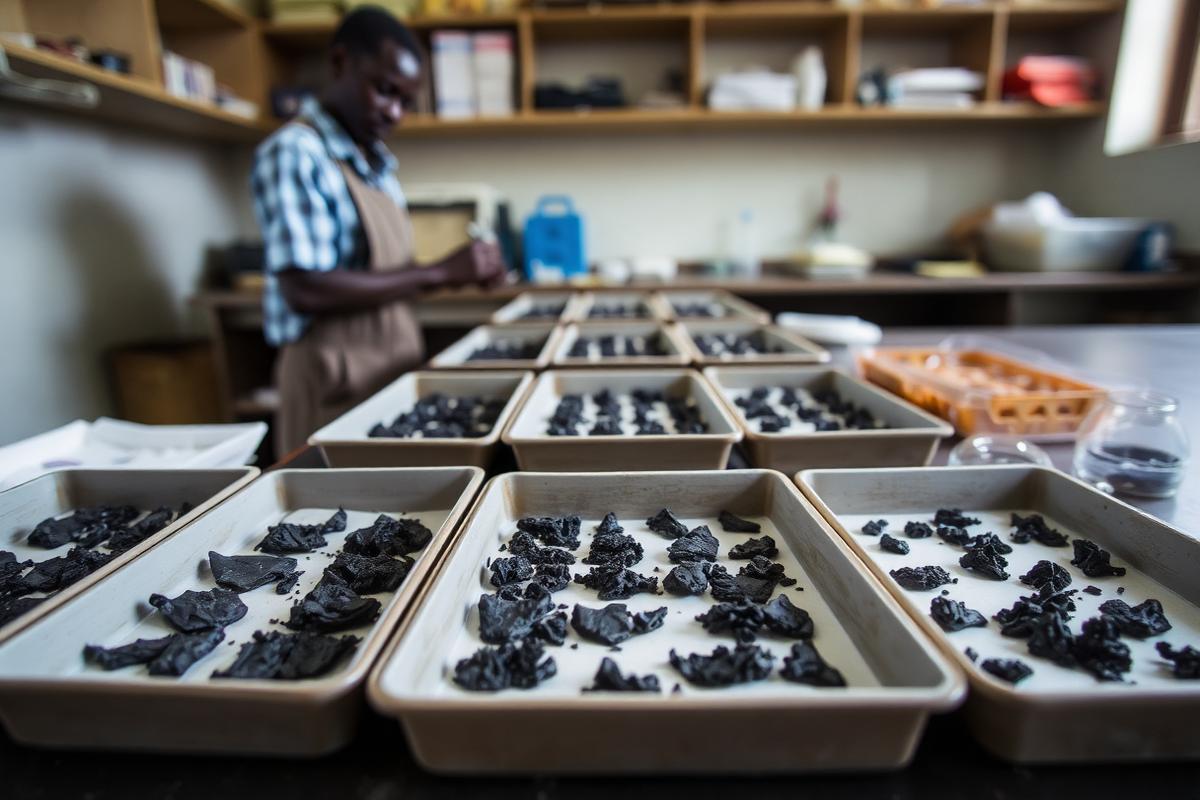Graphite flake samples in trays at a Ugandan geological laboratory