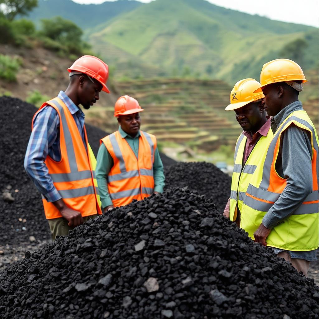 Iron ore workers inspecting an ore stockpile in the Kigezi hills