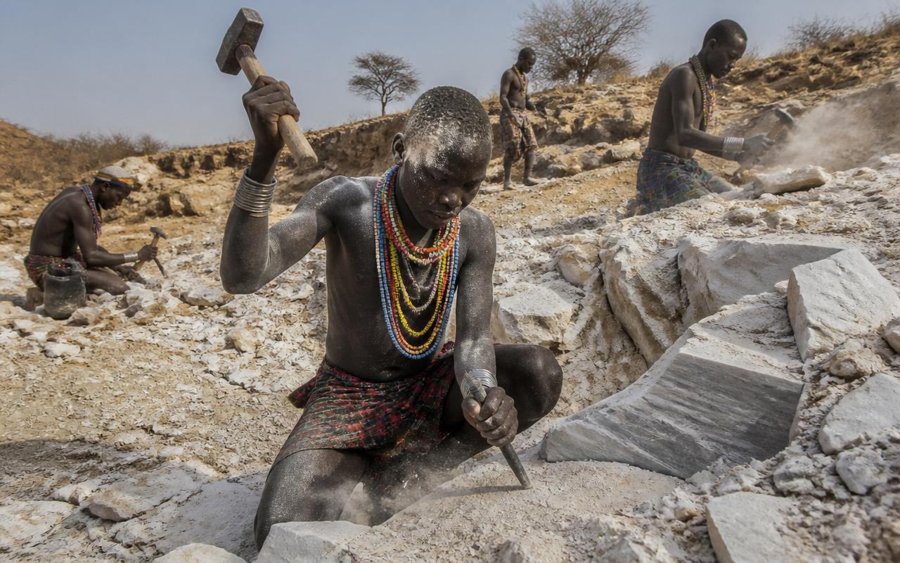 Marble quarry face and workers on communally held land in Karamoja
