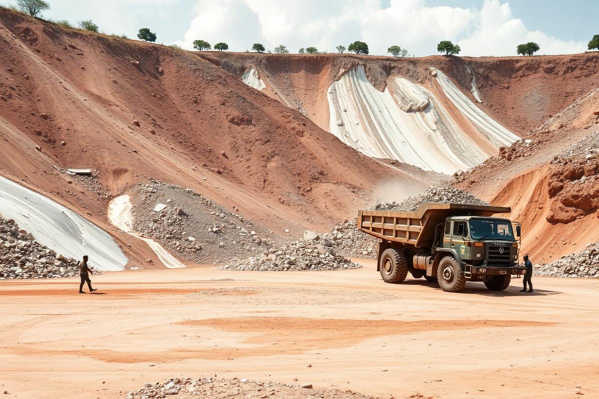 Limestone quarry with a haul truck in the Karamoja region of Uganda
