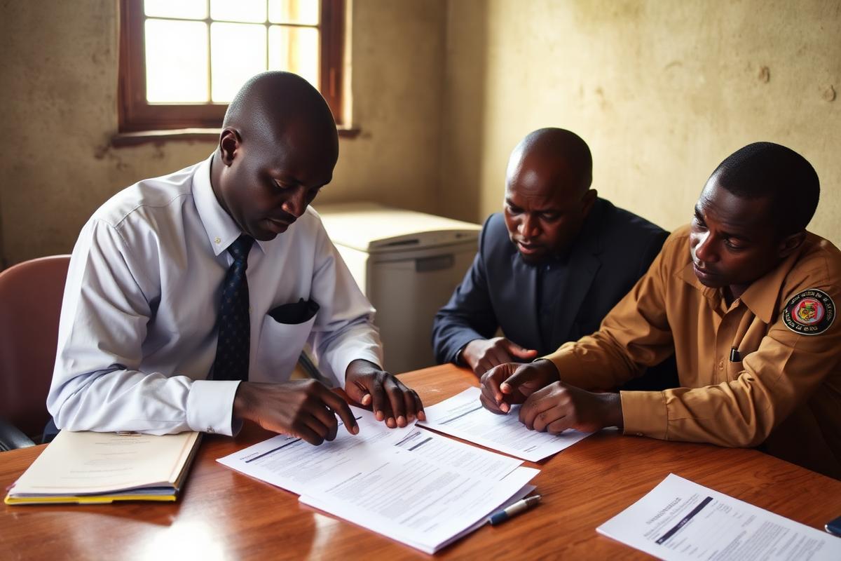 Ugandan mining officials reviewing licence documents at a district office