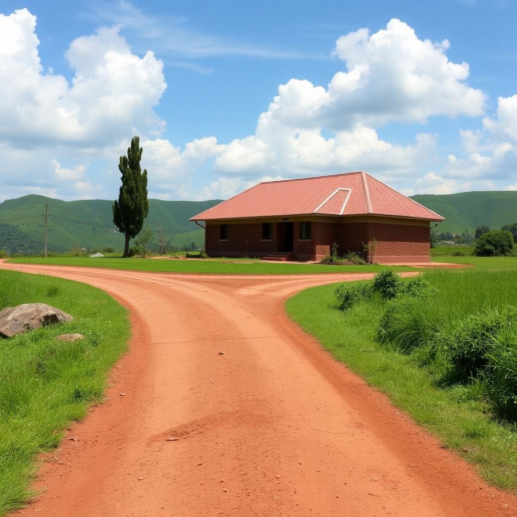 Newly improved rural road and school building in a Ugandan mining-adjacent community