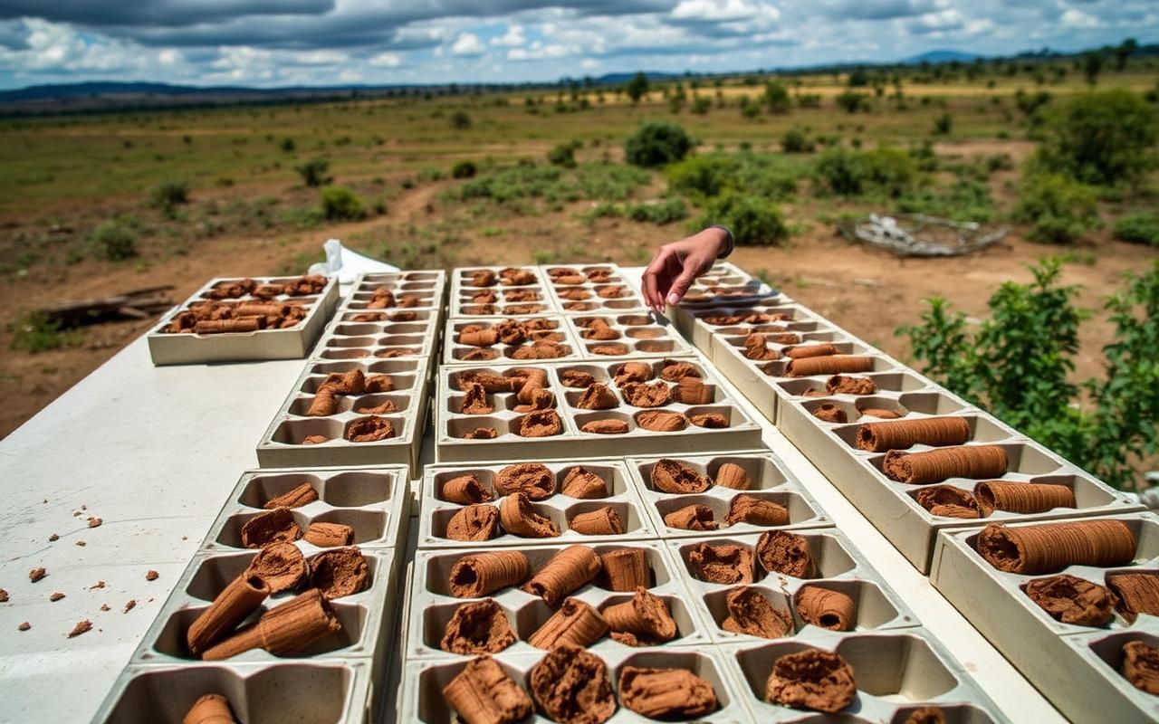 Drill core trays laid out for logging at a rare earths exploration site in eastern Uganda