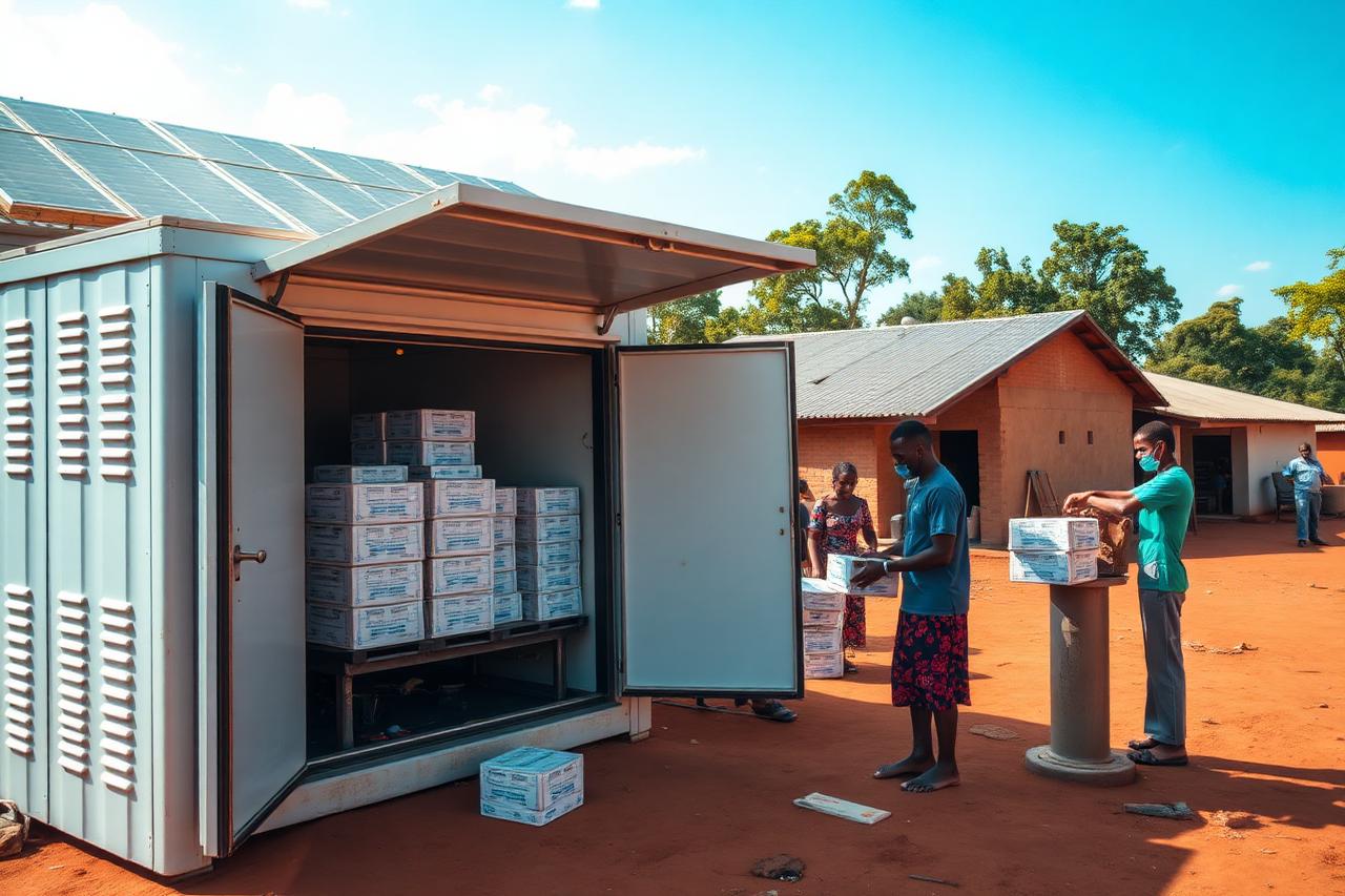 Solar-powered industrial cold storage unit next to a community borehole water point at Mawero in Busia District