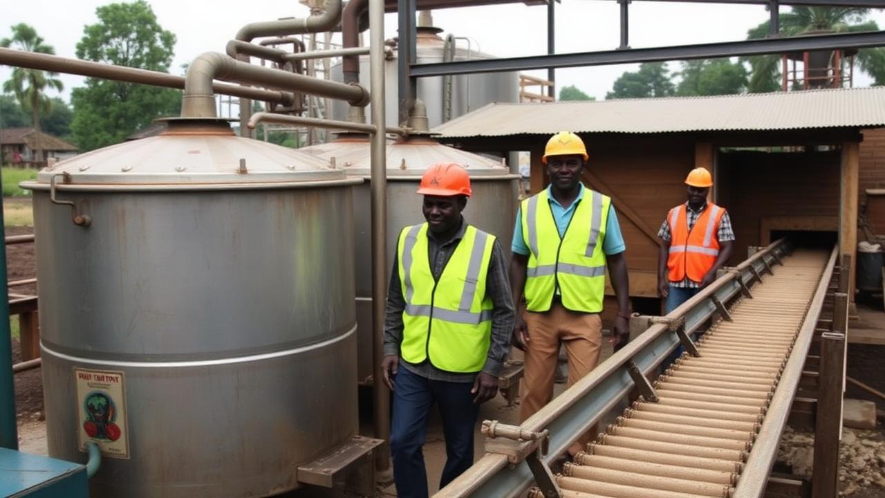 Workers in high visibility vests beside leach tanks at a medium-scale gold plant in eastern Uganda