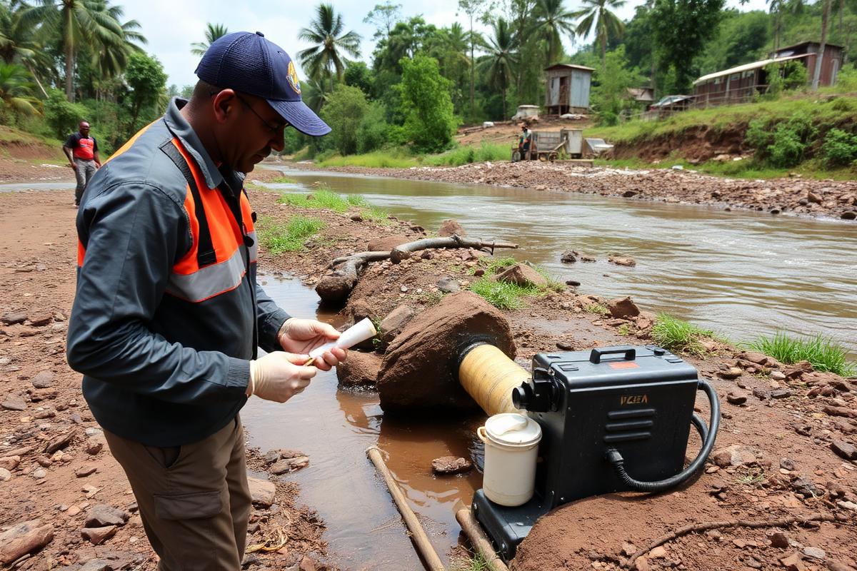 Technician testing water quality beside a river near a Ugandan gold processing site
