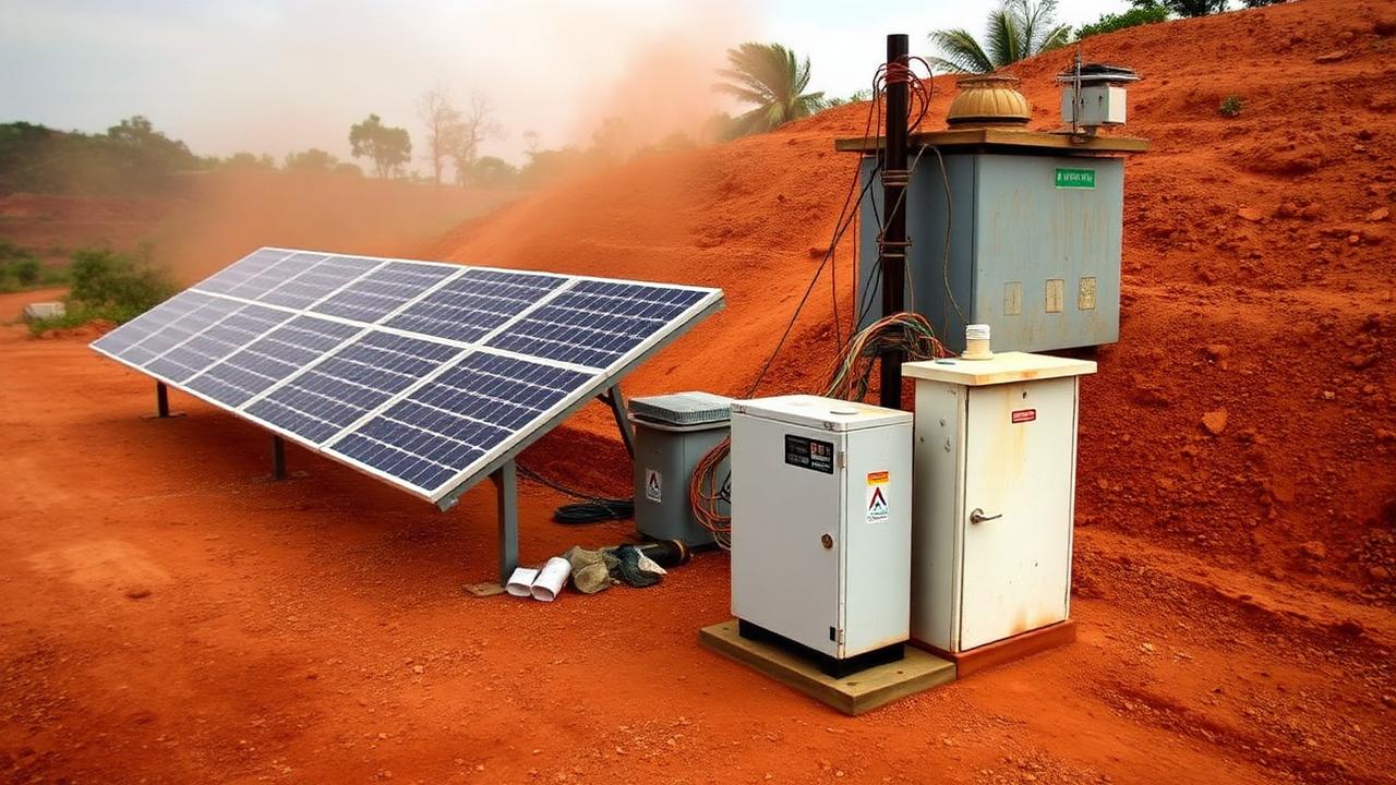 Solar panels and an electrical substation beside a rural Ugandan mine processing plant
