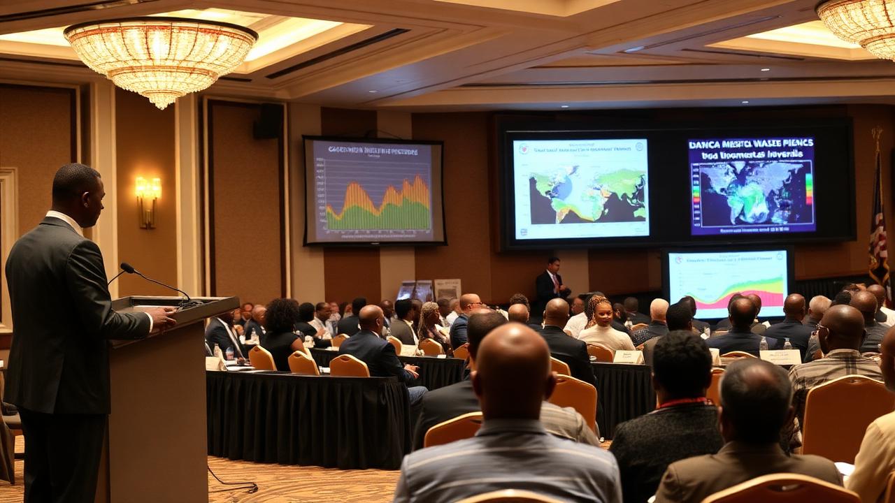 Minerals investment conference in Kampala with output charts on screen