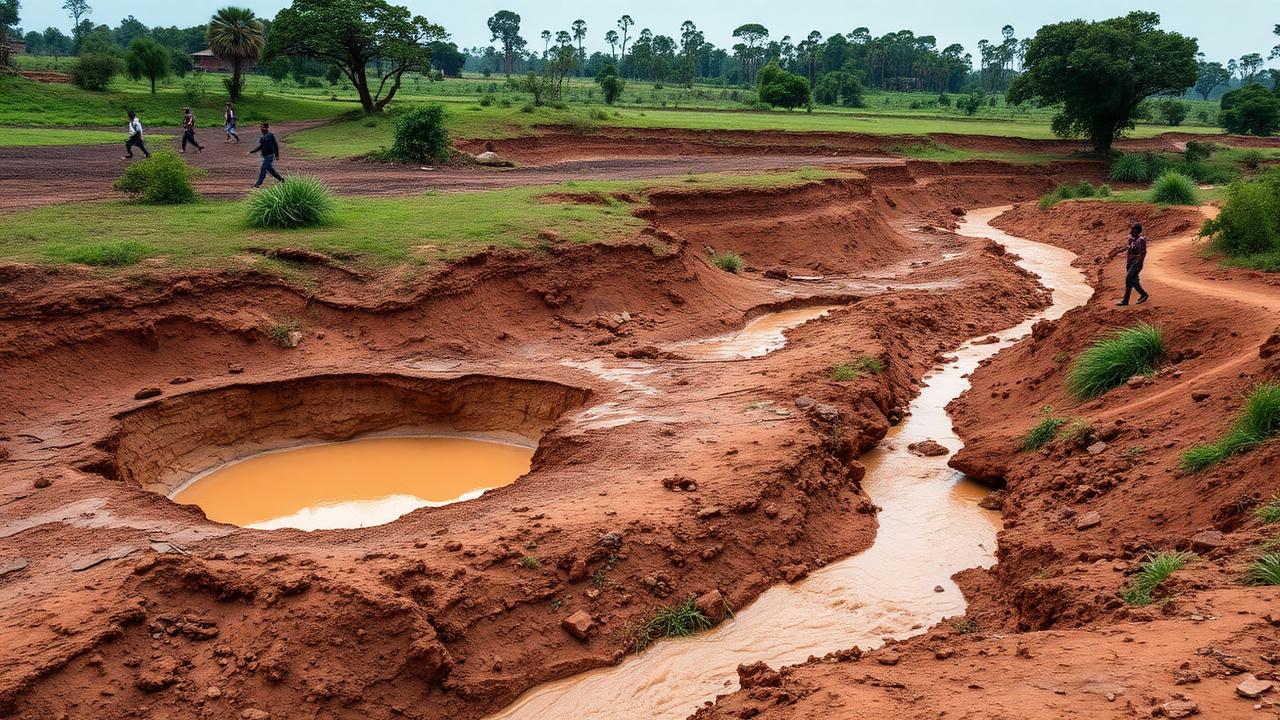 Eroded gold workings and a silted stream in rural Namayingo