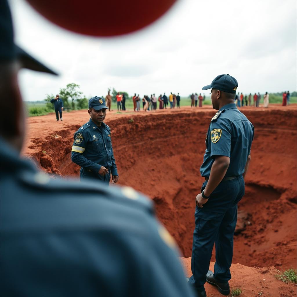 Police officers at the edge of a collapsed gold mine pit in Namayingo District