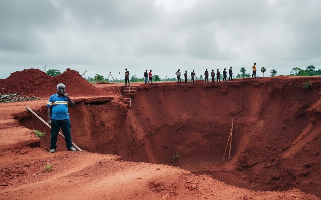Community members and rescue workers at the edge of a collapsed artisanal gold pit in eastern Uganda
