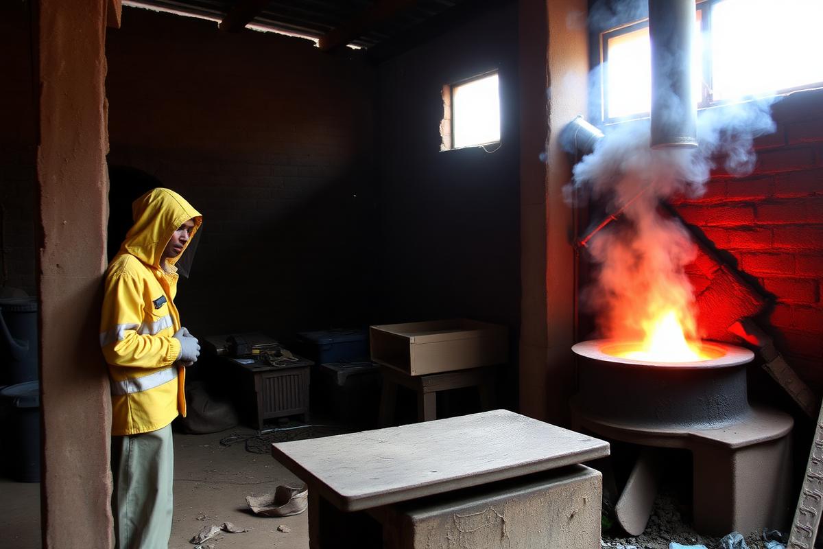 Furnace and operator in protective clothing at a small tin smelting plant in western Uganda