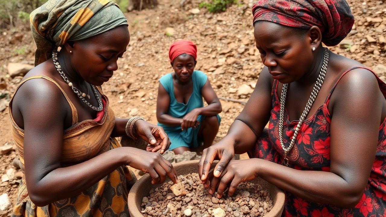 Women sorting tin and tungsten ore at a small mine site in south western Uganda