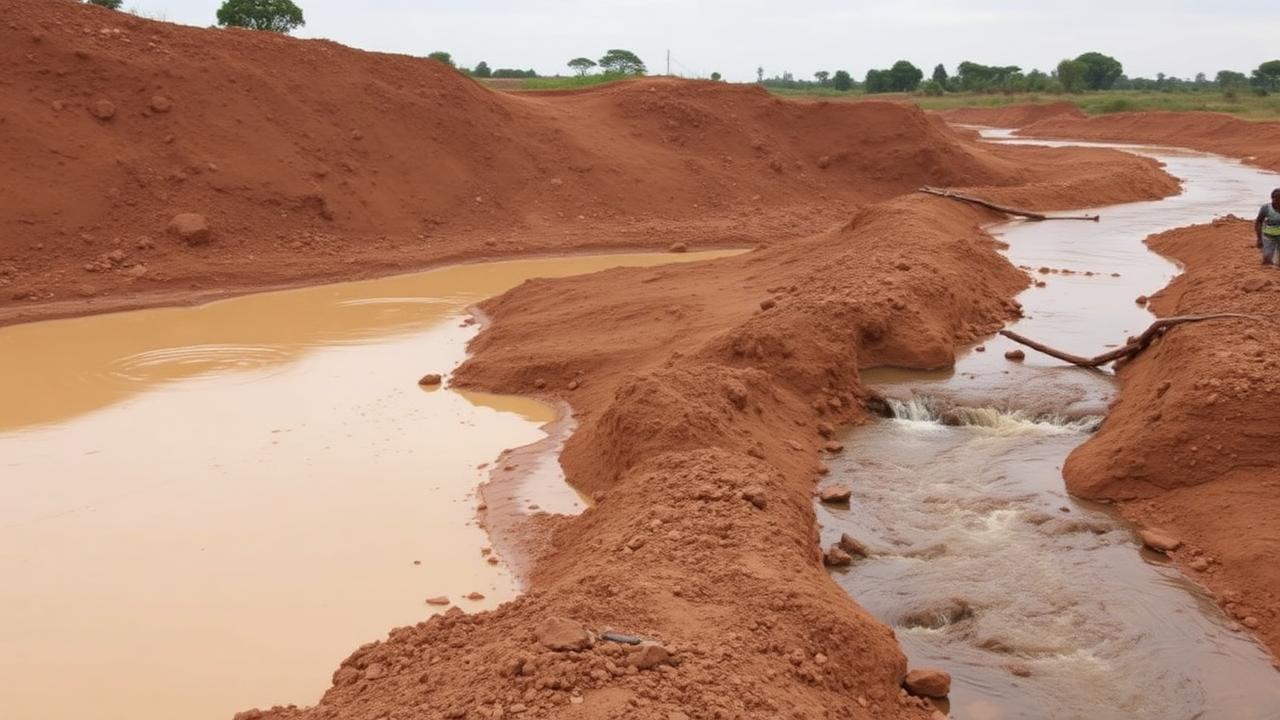 Silt-laden water spilling from a mine tailings pond into a stream in central Uganda