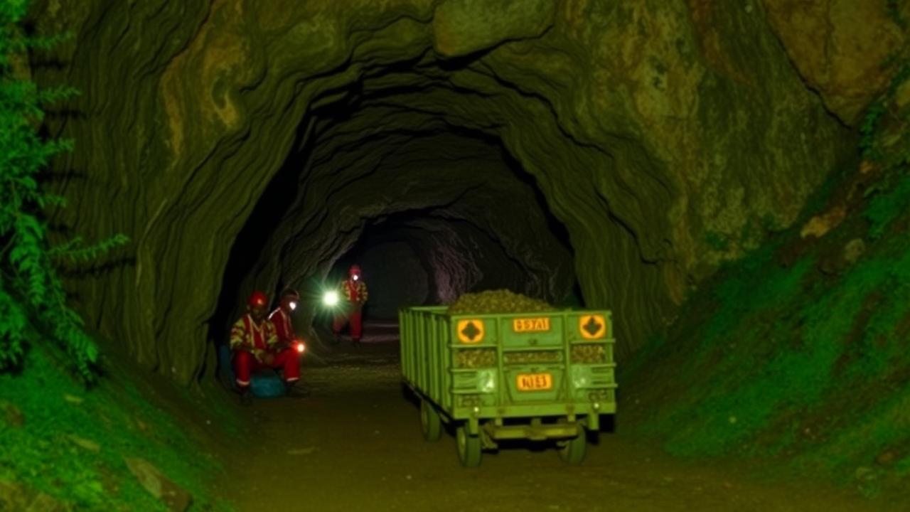 Miners with headlamps and an ore trolley at an underground tin mine portal in south western Uganda