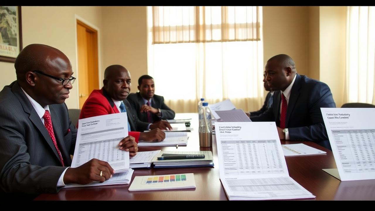 Officials reviewing printed extractive industry transparency reports at a table in Kampala