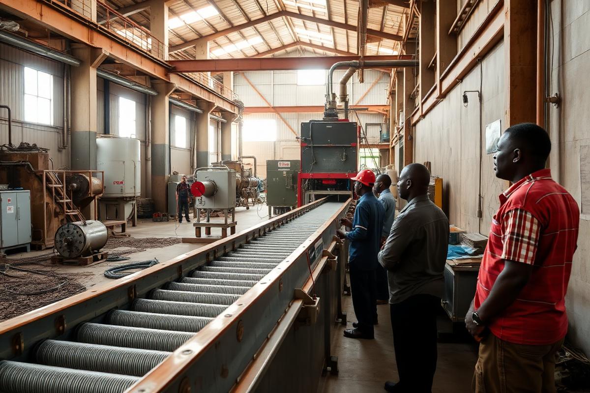 Processing line and technicians at a mineral value addition plant in Uganda