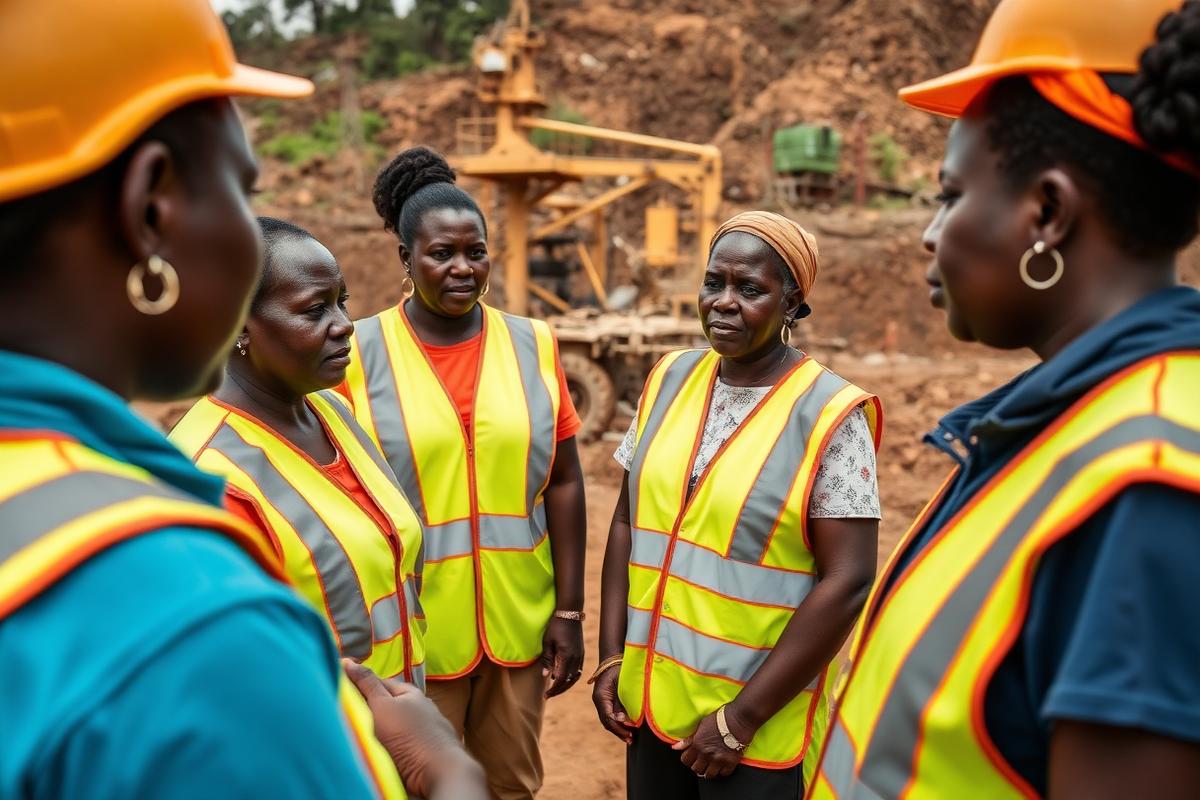 Women miners in high-visibility vests at a safety training session in Uganda